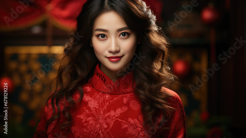 Chinese beautiful smiling girl with Chinese traditional clothing, celebrating Chinese new year