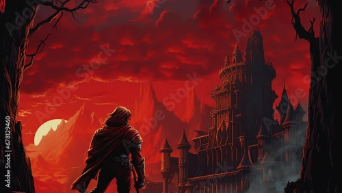 Vampire hunter facing Horror Castle, Surrounded by dead forest and mist