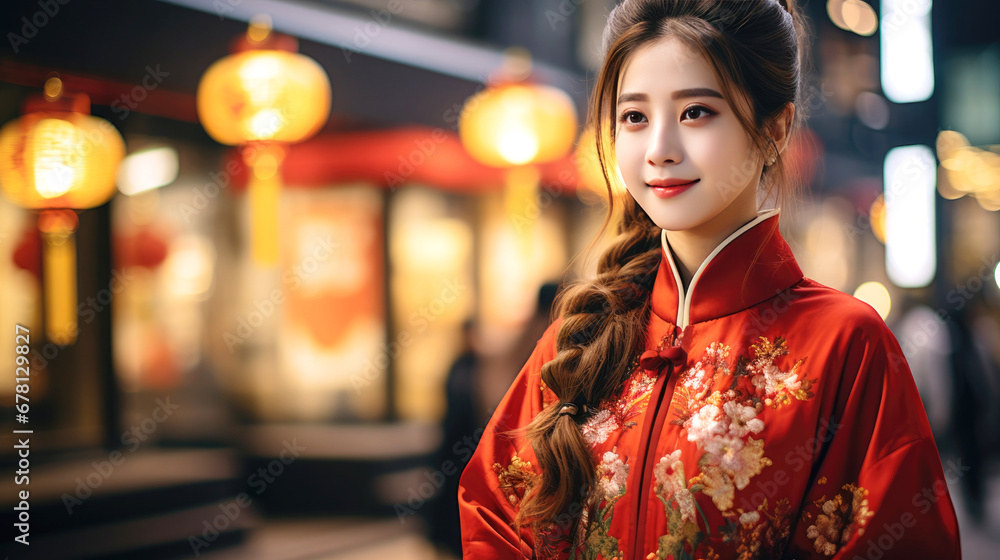 Fototapeta premium Chinese beautiful smiling girl with Chinese traditional clothing, celebrating Chinese new year