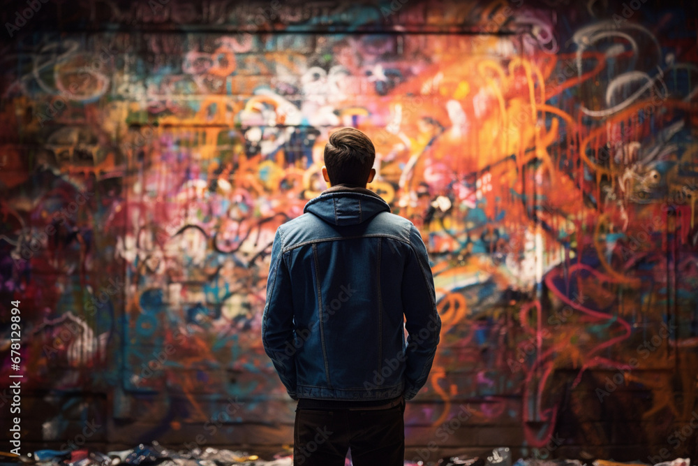 Rear view of man looking at colorful graffiti on wall, soft light photography