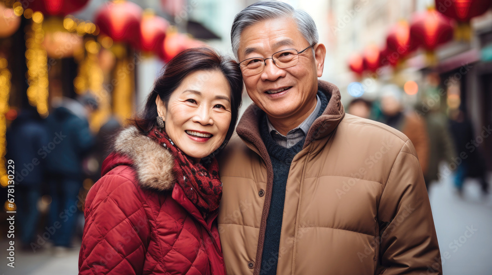 Old couple with Chinese traditional clothing, celebrating Chinese new year Old couple with Chinese traditional clothing, celebrating Chinese new year