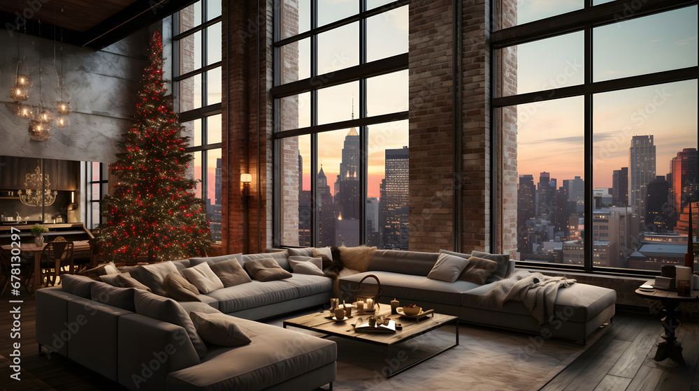 Loft style apartment, large spacious living room with Christmas tree. Comfortable sofa, high large windows.