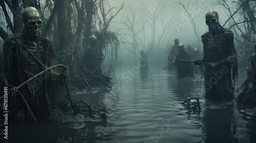 Mystical swamp in ominous fog and zombies. Fantasy background. Generative AI