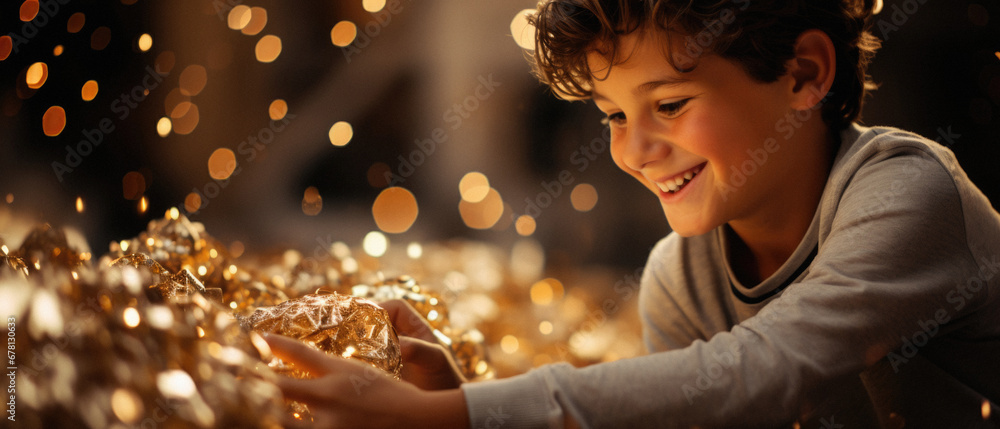 Little boy playing with golden christmas baubles at home. Little boy playing with golden christmas baubles at home.