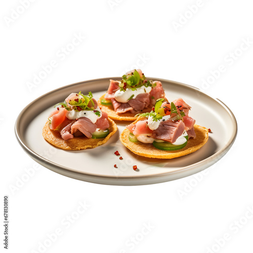 tostada served with delicious filling on a plate, transparent background