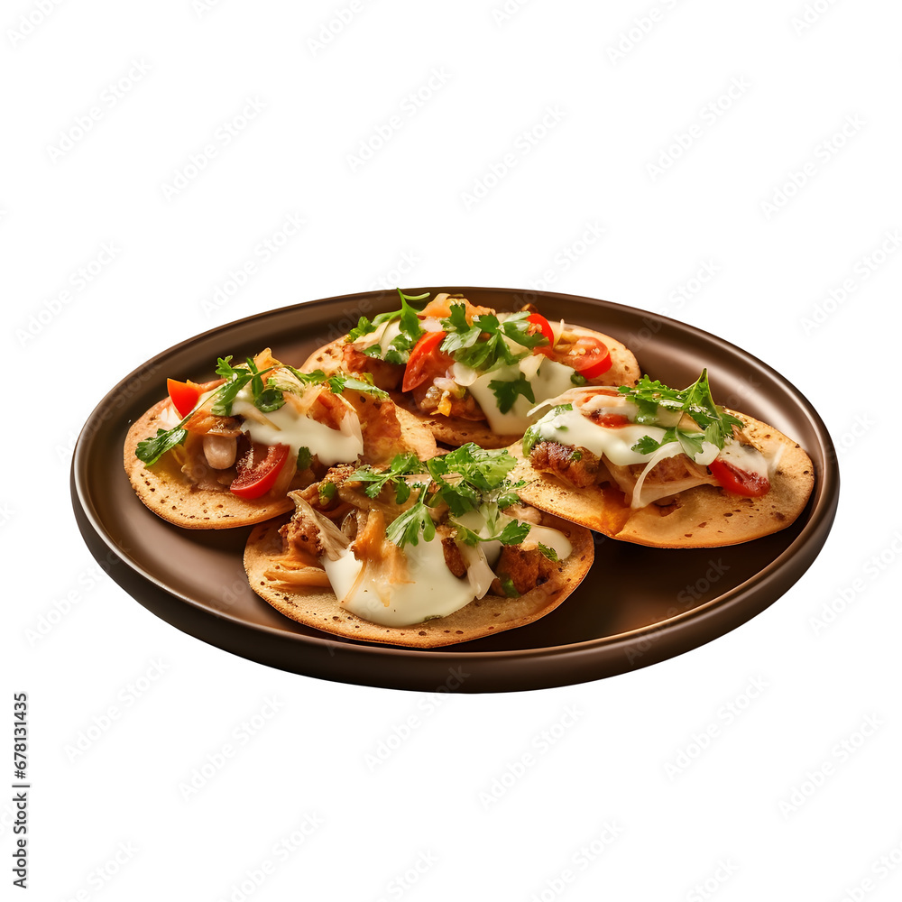 tostada served with delicious filling on a plate, transparent background