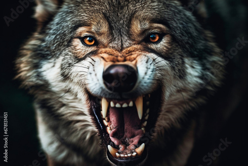 Portrait of a wolf baring its fangs photo