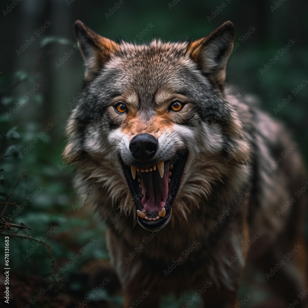 portrait photo of a aggressive wolf in a natural environment in the rain,generated with AI.