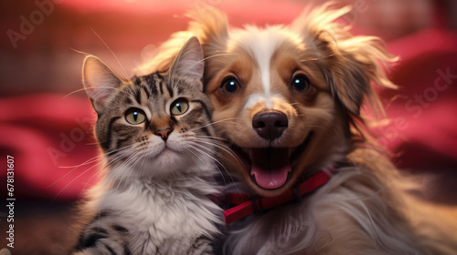 A scene filled with laughter and merriment as a cat and dog embrace fashion