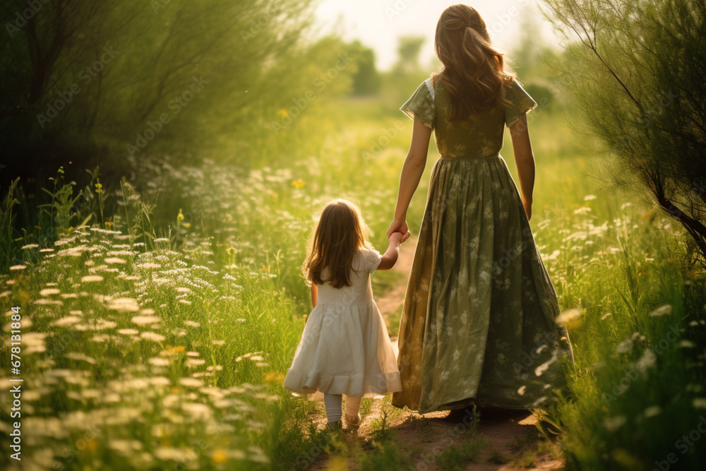 Rear view of mother and daughter standing on path in green meadow, soft light photography Rear view of mother and daughter standing on path in green meadow, soft light photography