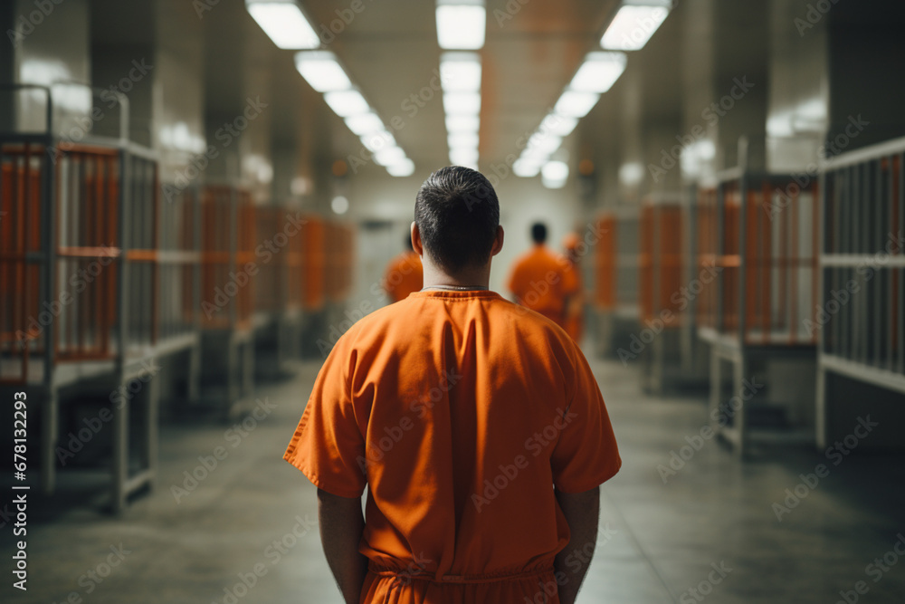 rear view of prisoner in orange uniform standing in prison cell , soft light photography rear view of prisoner in orange uniform standing in prison cell , soft light photography