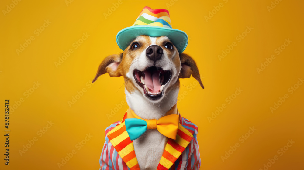 A dog dressed in a lively costume,  its tongue lolling out in happiness