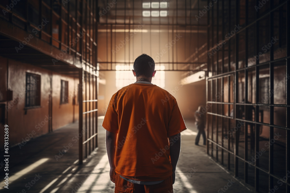 rear view of prisoner in orange uniform standing in prison cell , soft light photography - obrazy, fototapety, plakaty 