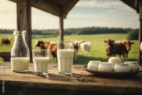 Milk in a bottle and a glass of milk on the background of cows.