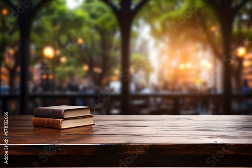 Empty Wooden Table Set with Books, Literary Product Showcase