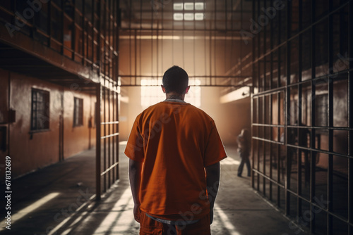 Photo rear view of prisoner in orange uniform standing in prison cell , soft light pho