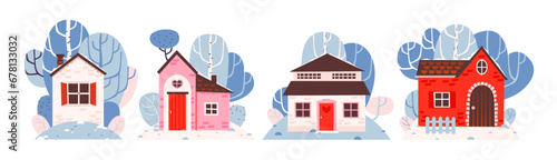 Сozy winter houses collection. A house on the background of a winter landscape. Cartoon vector illustration.