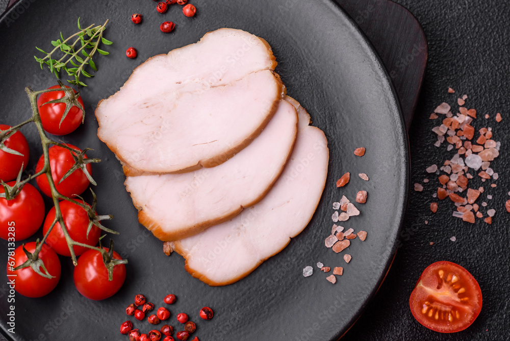 Delicious smoked pork or chicken meat with salt, spices and herbs Delicious smoked pork or chicken meat with salt, spices and herbs