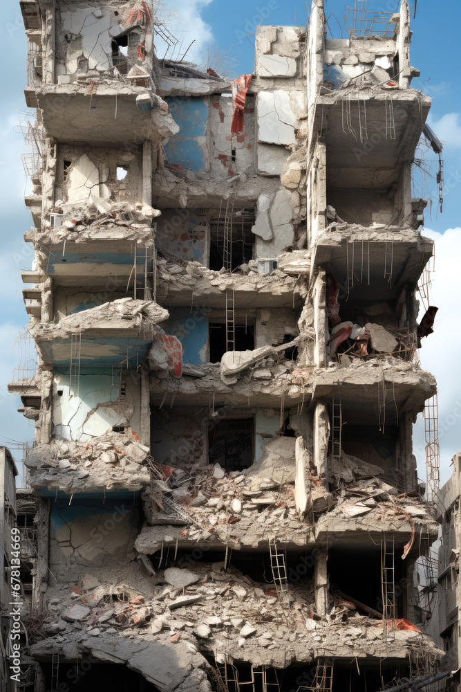 Close-up of a destroyed residential building from military operations