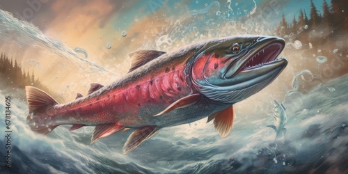 Illustration For leaping salmon in the water,generated with AI.