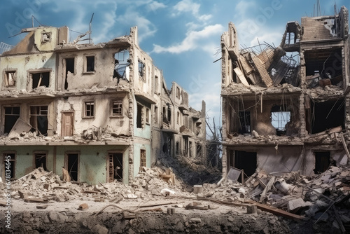 Destroyed residential buildings in the city as a result of bombing