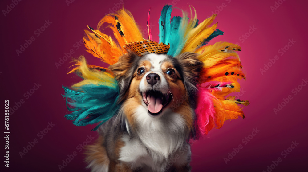 A joyful dog wearing a vibrant outfit, its tail wagging in pure happiness A joyful dog wearing a vibrant outfit, its tail wagging in pure happiness
