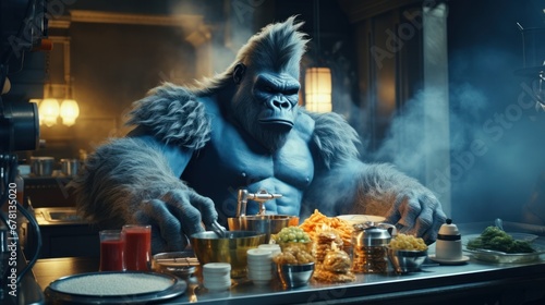 Cool King Kong Chef: A Playful and Unique Concept Illustrating a Chef with the Charisma of King Kong, Blending Culinary Skill with Larger-Than-Life Personality.