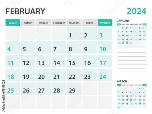 Calendar 2024 template- February 2024 year, monthly planner, Desk Calendar 2024 template, Wall calendar design, Week Start On Sunday, Stationery, printing, office organizer vector