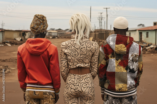 rear view of three person with Modern South African Fashion, aesthetic look