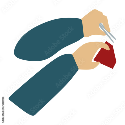 Flat jeweler hands Holding Tweezers and Big Ruby Gemstone. Red Brilliant icon. Jeweler profession. Jeweler day card. Vector Cartoon illustration isolated on white. Jewelry making concept.