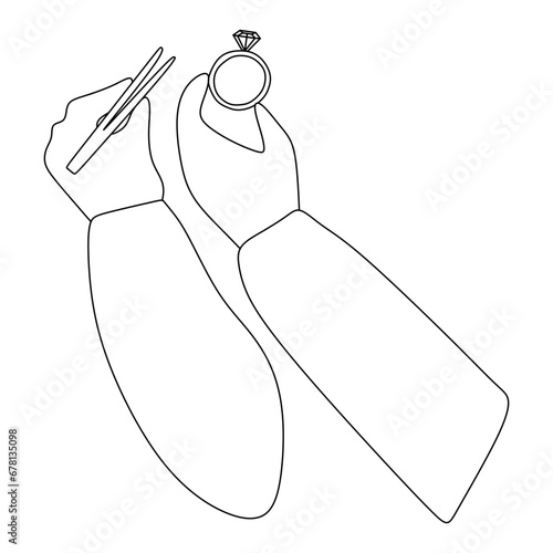 Jewelers hand with tweezers and Ring with gemstone. Linear illustration, line art Graphic isolated on White. Silhouette and outline Logo. Template for Jeweler day Postcard, Banner, Card, Flyer.