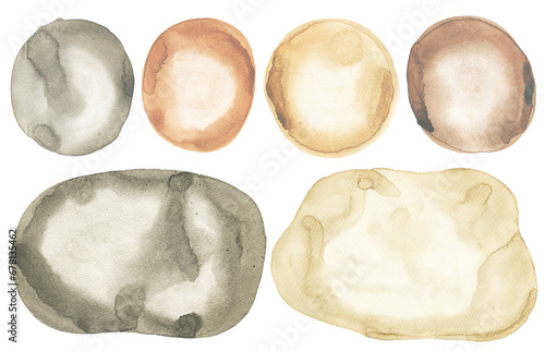 Watercolor set with hand drawn beige and brown shapes and circles. Isolated on white background. Hand drawn clipart. Perfect for card, postcard, tags, invitation, printing, wrapping.
