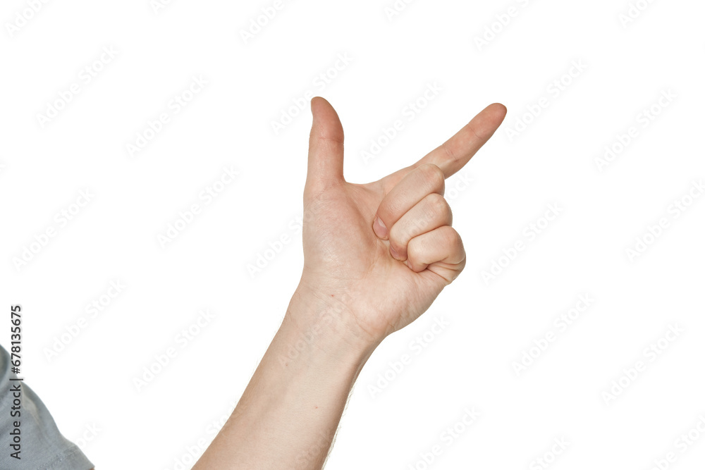 male hand pointing to the right with the index finger on white background male hand pointing to the right with the index finger on white background