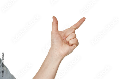 male hand pointing to the right with the index finger on white background
