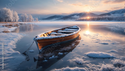 Frozen Boat in the Lake coated with Frost and Snow, Sky aand Sun in Nature, using Generative Ai photo