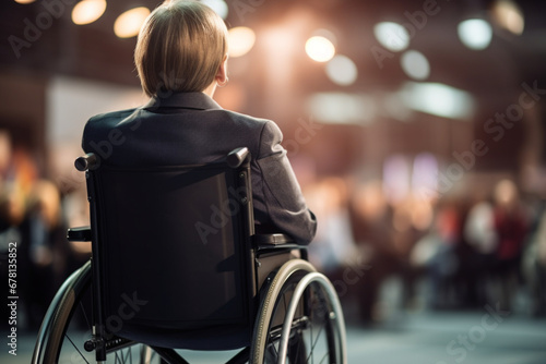 Rear view of unrecognizable woman on a wheelchair participating at business conference talk