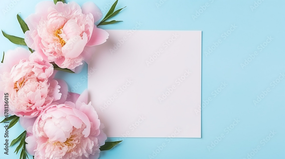 Elegant feminine wedding or birthday flat lay composition with pink peonies floral bouquet. Blank paper card, mockup, invitations. Flat-lay, top view on  pale blue background. - obrazy, fototapety, plakaty 