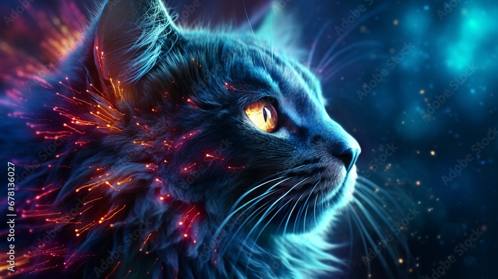 Electrified particle cat glowing colorful cyber photography image AI generated art