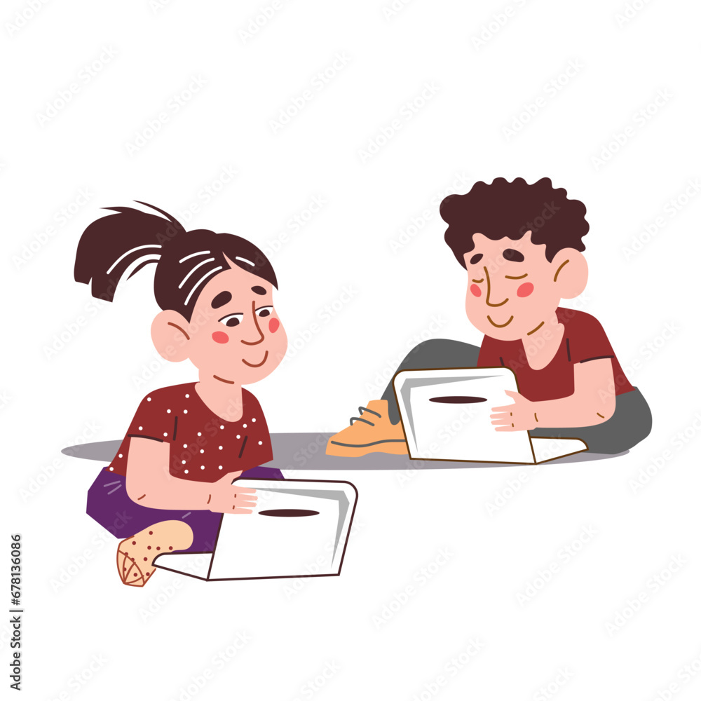 Kids using laptop for games and learning. Alpha Generation kids using digital devices, flat vector illustration isolated on a white. Gadgets addiction and digital natives concept. Kids using laptop for games and learning. Alpha Generation kids using digital devices, flat vector illustration isolated on a white. Gadgets addiction and digital natives concept.