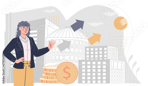 Businesswoman against a city background, looking to advance her career or start an entrepreneurial venture. Successful business woman, financial consultant or entrepreneur for banner, vector isolated.