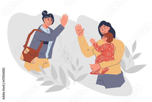 Working woman leaving child with babysitter, flat vector illustration isolated on white background. Professional nurse babysitting at home kindergarten or childcare service.