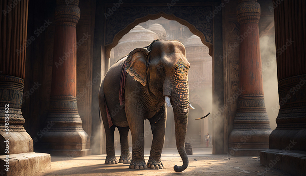 Elephant animal front old temple AI Generated - obrazy, fototapety, plakaty 