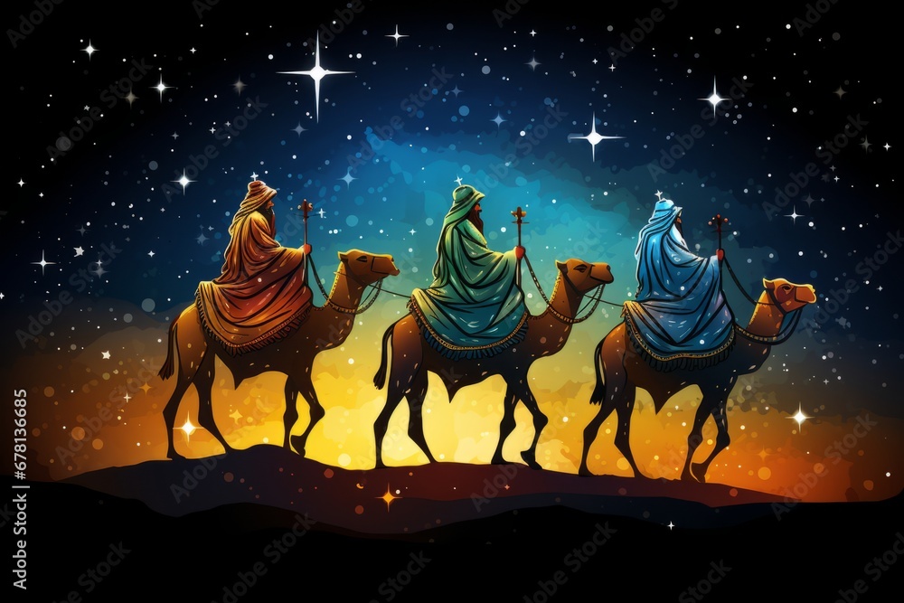 The Three Magi King of Orient, The Three Wise Men Illustration, Melchior, Caspar and Balthasar, Epiphany Celebration, christmas card wallpaper banner - obrazy, fototapety, plakaty 
