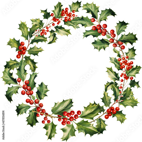 Watercolor Christmas wreath with holly berries branches on transparent background