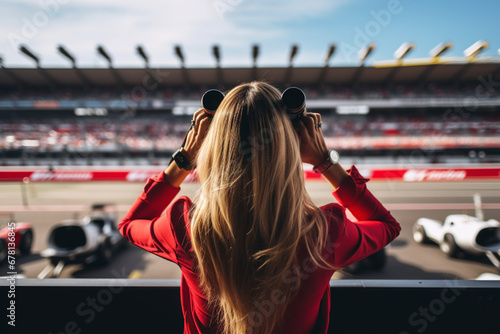 rear view of Woman fan at racing event and looking at motor racing track with binoculars, aesthetic look