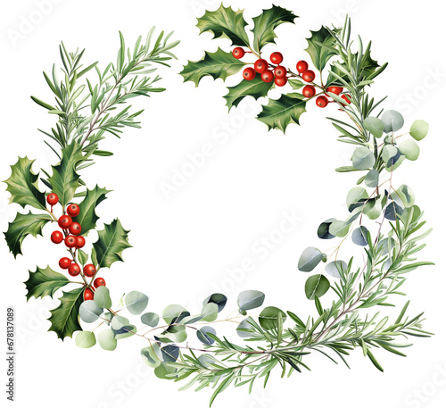 Watercolor Christmas wreath with holly berries, eucalyptus and rosemary branches and leaves on transparent background