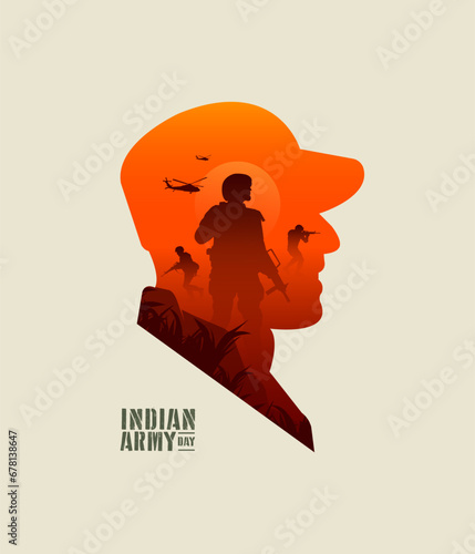 Indian Army Day text with creative concept illustration, military, army background, and soldiers silhouettes.