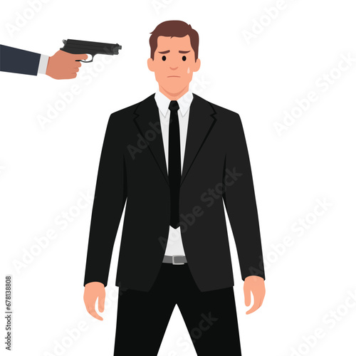 Young man wearing suit in grief and fear because another man pointing a hand gun at him. Flat vector illustration isolated on white background