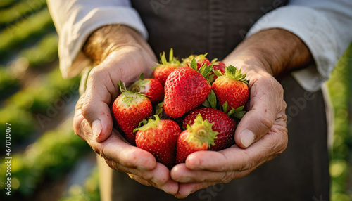 Close-up of two wrinkled hands (cupped hands full of fresh strawberries) of a farmer showing the harvest of red strawberries wet with dew. photo