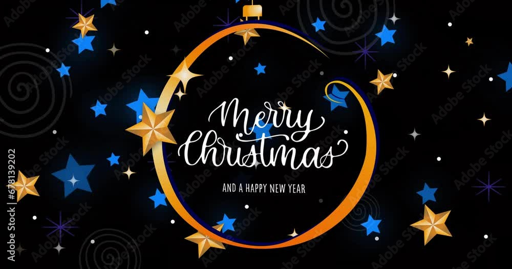 Animation of merry christmas text over stars falling on black background Animation of merry christmas text over stars falling on black background